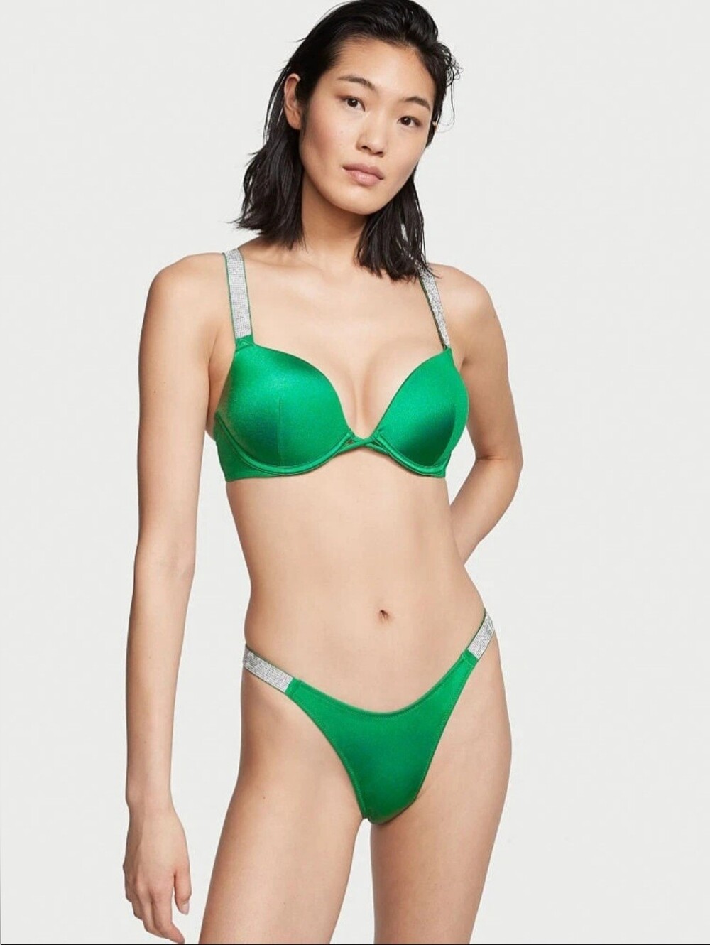 2 PC Set Victoria Secret 34B Bombshell Bikini XS Top Bottom Shine Strap Swimsuit